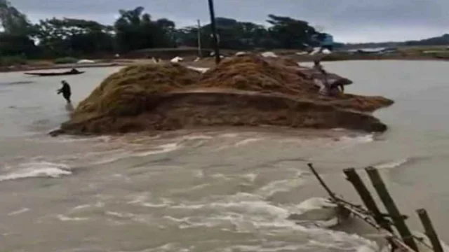 পাহাড়ি ঢলে বাঁধ ভেঙে পানি ঢুকছে হাওরে, বোরো ধান নিয়ে শঙ্কায় কৃষকরা