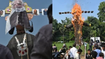 রাবণের মুখে মোদি-ট্রাম্প-দোভাল-আম্বানির ছবি লাগিয়ে কুশপুত্তলিকা দাহ